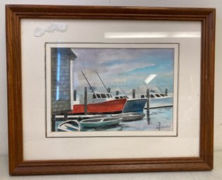 Three Boats In The Harbor Framed Watercolor Painting By George Robbins