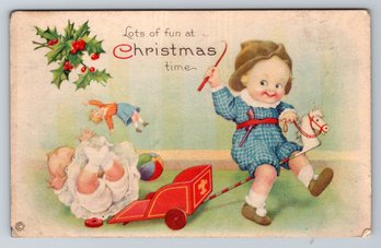 1920's Christmas Young Girl With Dolls Illustrated Cartoon Postcard