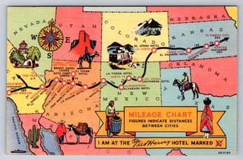 1940's Fred Harvey Southwest Native American Map Linen Postcard