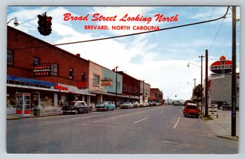 1950's Brevard NC Broad Street Chrome Postcard - American Gas Station