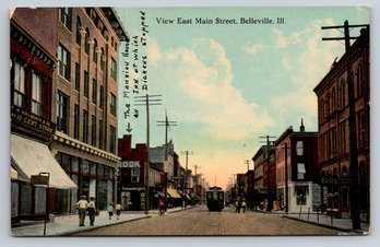 1910s Belleville IL East Main Street Train Trolly Postcard