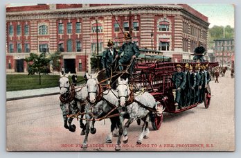 1908 Providence RI Hook And Ladder Fire Truck Postcard