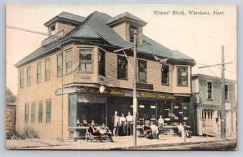 1910 Wareham MA Waters Block Hand Colored Postcard