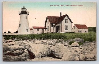 1910s Mattapoisett MA Ned Point Lighthouse Hand Colored Postcard