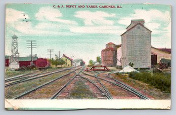 1911 Gardner IL Train Railroad Depot Postcard