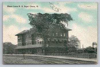 1908 Clinton IL Train Railroad Depot Postcard