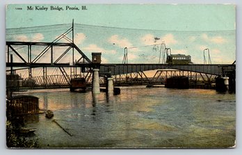 1910 Peoria IL McKinley Bridge Trolly Train Postcard