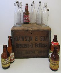 Vintage DAWSON & SON Wooden Crate With (10) Vintage Glass Bottles