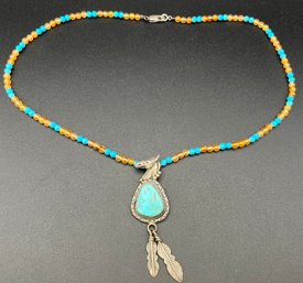 Vintage Sterling Silver Native American Signed Turquoise Horse Feather Necklace