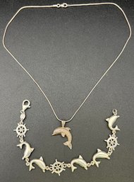 (2) Sterling Silver .925 Italy Dolphin Necklace And Bracelet .52 TOZ
