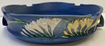 Antique Blue Roseville USA Pottery Vintage Freesia Double Handled Bowl 467-10