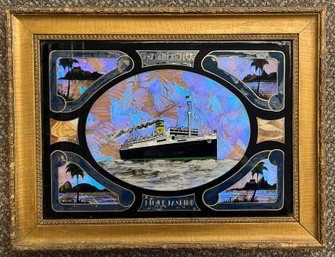 Vintage S.S Argentina Ship Iridescent Butterfly Wing Art Rio De Janeiro Framed