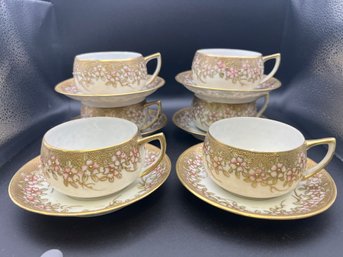 (6)Antique Nagoya Nippon Japanese Gold Moriage Pink Appleblossoms TeaCups