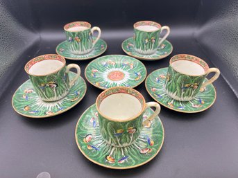 (5) Vintage Chinese Famille Verte Porcelain Bok Choy Butterflies Demitasse Tea Cups