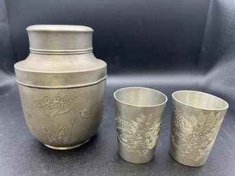 Vintage Japanese Tin Pewter TEA CADDY & Huikee Swatow Dragon Shot Glasses