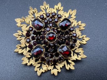 Vintage Signed Benedikt NY Faux Garnet Gold Tone Brooch Pin