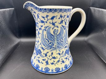 Vintage Japanese Flying Phoenix Bird Blue & White Pitcher