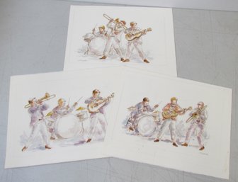 (3) 1960s Era Original Watercolors Of JAZZ Band Signed BURDICK