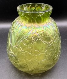 Antique Kralik Glass Art Nouveau Iridescent Green Crackle Textured Vase