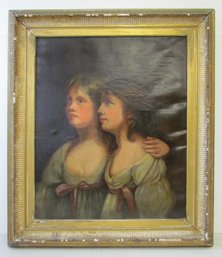 19th Century Oil On Canvas Framed Painting Of Two Young Sisters