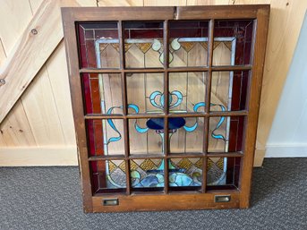 Antique Arts & Crafts Wood And Leaded Stain Glass Window