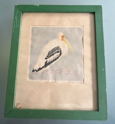 Antique Signed Woodblock Print Stork Framed