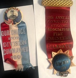 (2) 1885/1901 Fire Fighter Related Pins / Badges With Ribbons