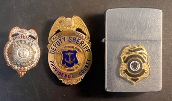 (3) Vintage Police Badges And Zippo Lighter