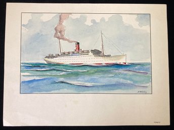 DONALD STOLTENBERG Signed Watercolor On Paper Of Large Ship-1945