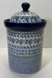 Vintage Polish Pottery 9' Canister Lidded Jar Lidded Container