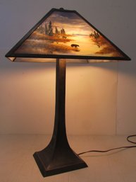 Hand Painted Glass Lamp With Beautiful Fly Fishing Outdoor Scenes
