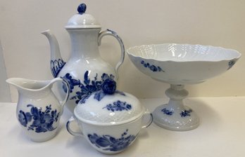 ROYAL COPENHAGEN (4) Piece Blue & White Blue Flower Tea Set With Compote