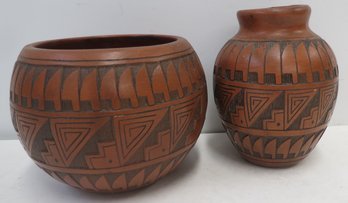 (2) Vintage Navajo Native American Art Vases Signed T.C.