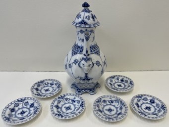 ROYAL COPENHAGEN Blue Fluted  Coffee Or Teapot #3 With (6) Tea Bag Plates