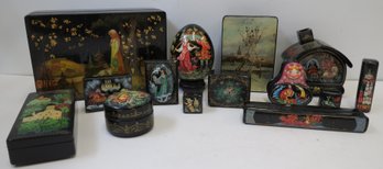 Collection Of (14) Assorted Hand Painted Russian Trinket Boxes