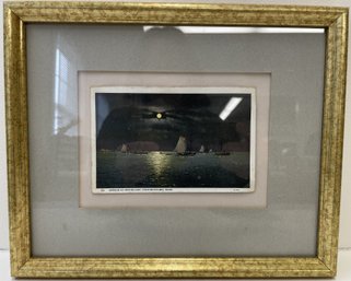 Vintage Framed HARBOR BY MOONLIGHT, PROVINCETOWN, MASS Postcard