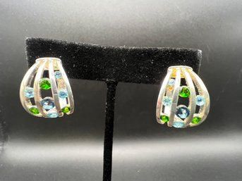 Sterling Silver .925 QVC Signed Franco P Memories Blue Green Gemstone Earrings .33 TOZ