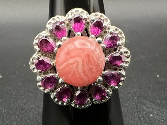 Sterling Silver .925 Rhodochrosite And Rhodolite Garnet Ring Sz 8 Weighs .27 TOZ