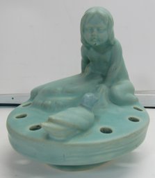 Vintage WELLER Pottery Frog With Girl & Bird