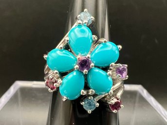 Sterling Silver .925 Turquoise Flower Blue Topaz, Ruby & Amethyst Ring Sz 8 Weighs .31 TOZ