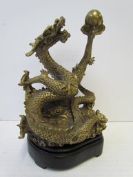 Solid Brass Asian DRAGON Figurine With Wooden Stand