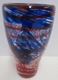 Heavy Red White & Blue Studio Art Glass Vase - 8' Tall