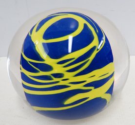 Signed Chatham Glass Company Blue & Yellow Swirled Paperweight