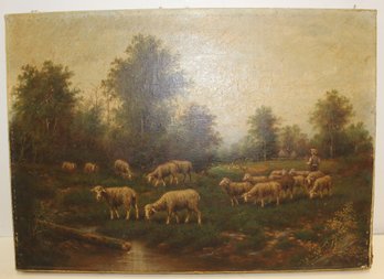 19th Century Oil On Canvas Painting Of Sheep