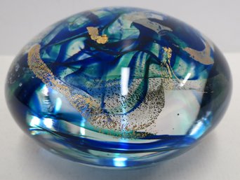 Signed Blue & Gold Studio Art Glass Paperweight