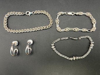 (4) Sterling Silver .925 Chain Fancy Link 7 1/4 & 8 1/4 Bracelets, And Earrings Lot Weighs 1.64 TOZ