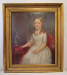 Antique Framed  Oil On Canvas Painting Of Young Girl