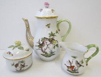 HEREND 3-Piece Tea Set-Tea Pot, Sugar Bowl & Creamer *Birds & Butterflies*