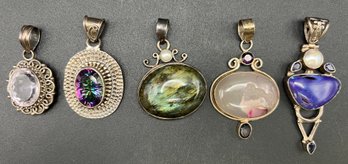 (5) Sterling Silver .925 Artisan Natural Gemstones Labradorite, Topaz, Quartz  Pendants 2.73TOZ