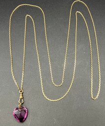 Antique 14KT Yellow Gold Watch Fob Chain Necklace With Amethyst Cut Heart Pendant 18.3 Grams